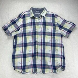 Tommy Bahama Palm Trees Shirt XL Short Sleeve Blue Yellow Plaid Button Up Tropic